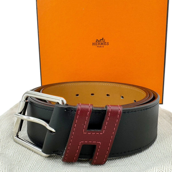HERMES H Logo Leather Belt Black Size 110