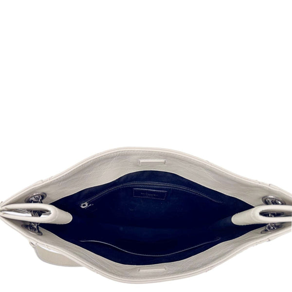 YVES SAINT LAURENT Niki Crinkled Leather Shopper Tote Bag Off White