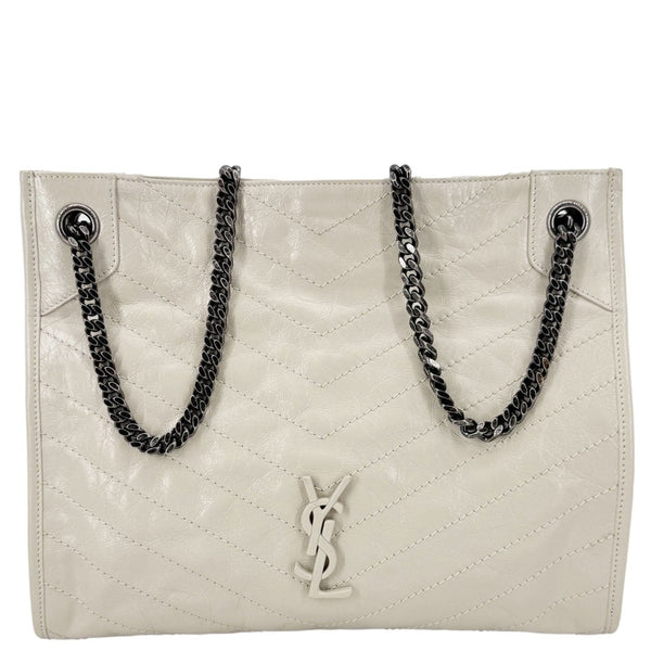 YVES SAINT LAURENT Niki Crinkled Leather Shopper Tote Bag Off White