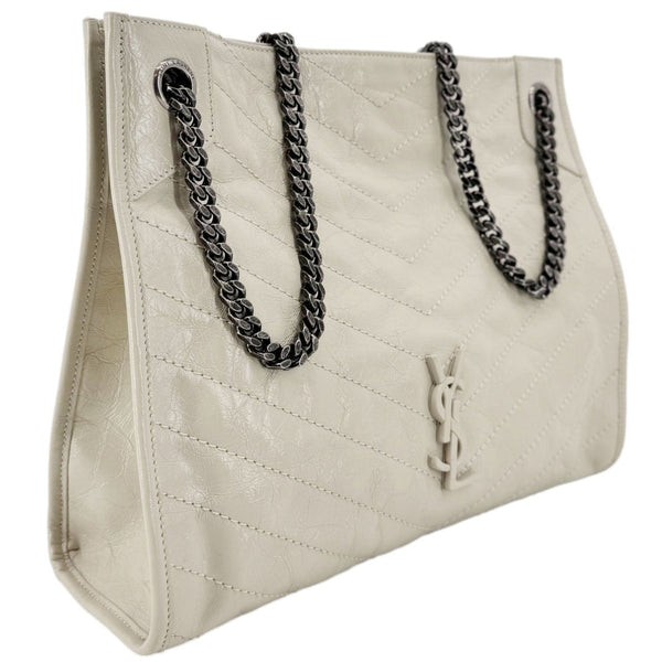 YVES SAINT LAURENT Niki Crinkled Leather Shopper Tote Bag Off White