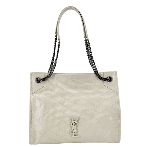 YVES SAINT LAURENT Niki Crinkled Leather Shopper Tote Bag Off White
