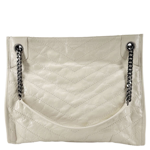 YVES SAINT LAURENT Niki Crinkled Leather Shopper Tote Bag Off White