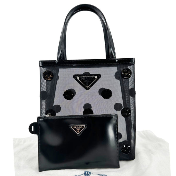 PRADA Ricamo Rete Polka Dot Mesh Tote BLack