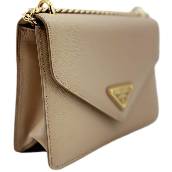 PRADA Metal Triangle Envelope Saffiano Leather Chain Shoulder Bag Beige