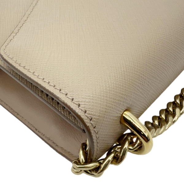 PRADA Metal Triangle Envelope Saffiano Leather Chain Shoulder Bag Beige