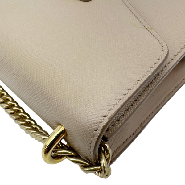 PRADA Metal Triangle Envelope Saffiano Leather Chain Shoulder Bag Beige