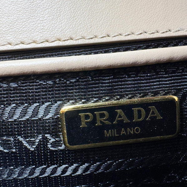 PRADA Metal Triangle Envelope Saffiano Leather Chain Shoulder Bag Beige