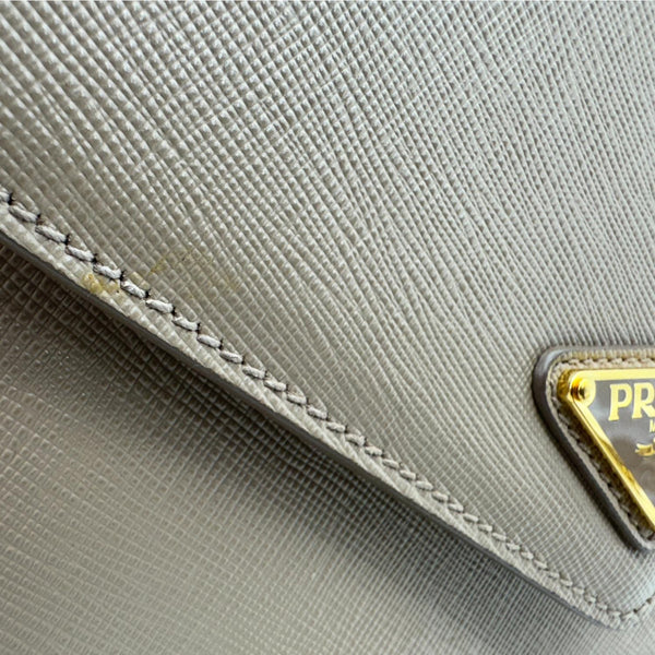PRADA Metal Triangle Envelope Saffiano Leather Chain Shoulder Bag Beige