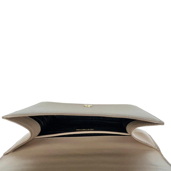PRADA Metal Triangle Envelope Saffiano Leather Chain Shoulder Bag Beige