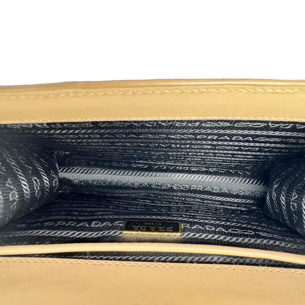 PRADA Metal Triangle Envelope Saffiano Leather Chain Shoulder Bag Beige