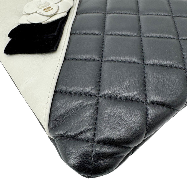 CHANEL Camellia O Case Medium Quilted Leather Clutch Black
