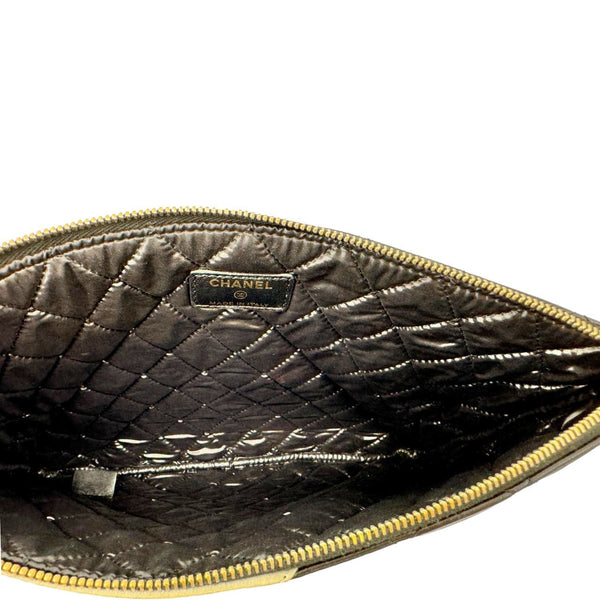 CHANEL Camellia O Case Medium Quilted Leather Clutch Black