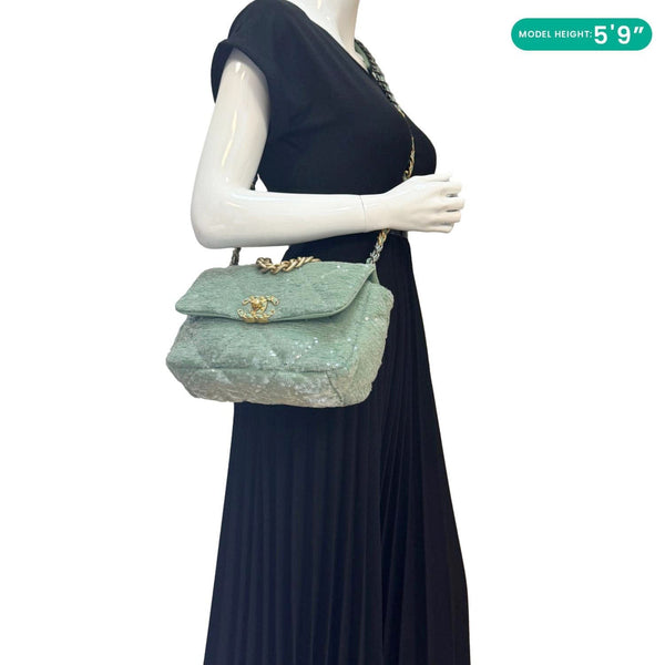 CHANEL 19 Flap Medium Sequins Shoulder Bag Green