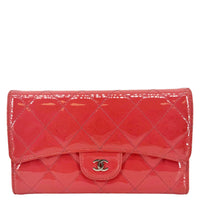 CHANEL Quilted Patent Leather Long Wallet Pink