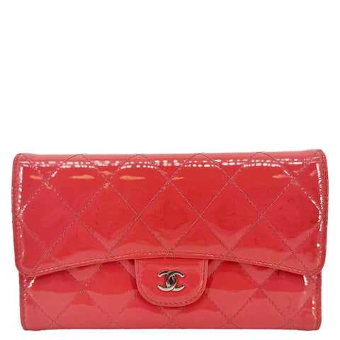 CHANEL Quilted Patent Leather Long Wallet Pink