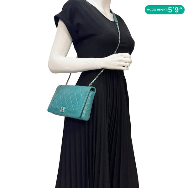 CHANEL Bi Vintage Full Flap Medium Quilted Crumpled Leather Crossbody Bag Aqua Blue