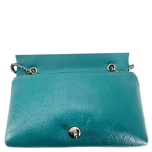 CHANEL Bi Vintage Full Flap Medium Quilted Crumpled Leather Crossbody Bag Aqua Blue