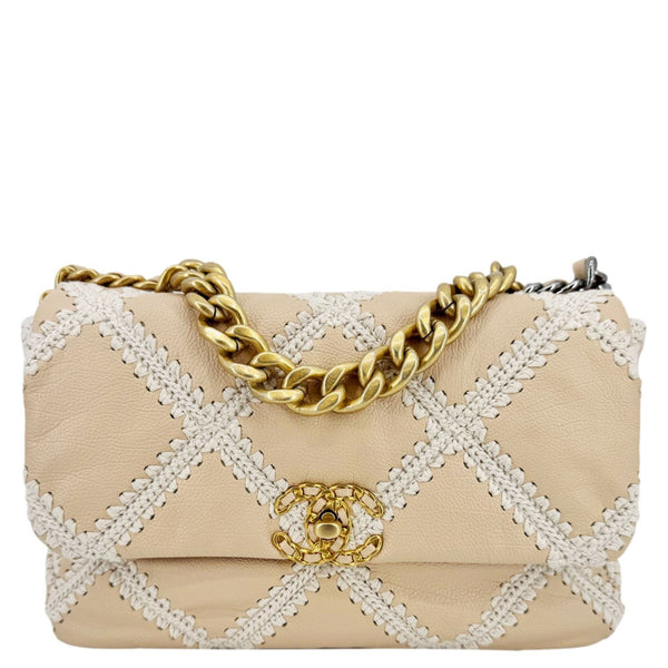 CHANEL 19 Flap Large Calfskin Crochet Shoulder Bag Beige