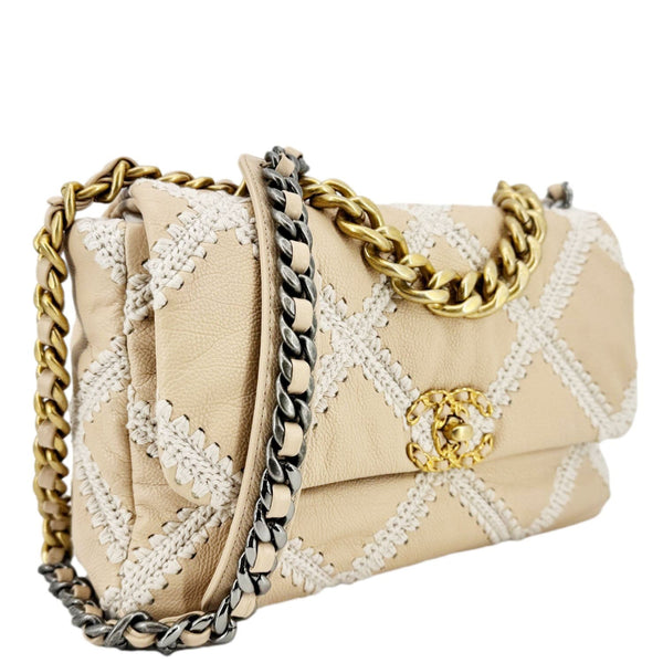 CHANEL 19 Flap Large Calfskin Crochet Shoulder Bag Beige