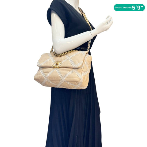 CHANEL 19 Flap Large Calfskin Crochet Shoulder Bag Beige