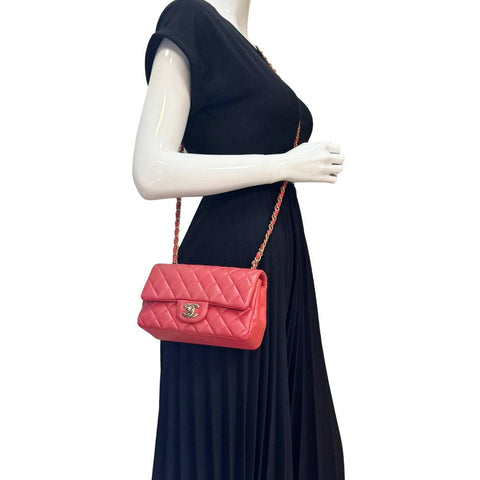 CHANEL Classic Rectangular Flap Mini Quilted Leather Crossbody Bag Reddish Pink
