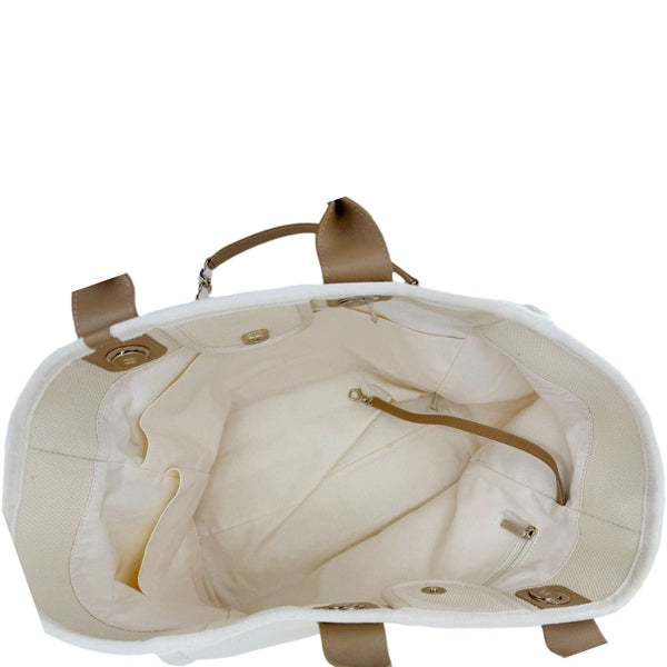 CHANEL Deauville Large Pearl Embellished Canvas Tote Bag Cream