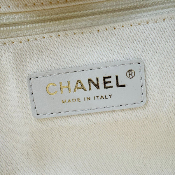 CHANEL Deauville Large Pearl Embellished Canvas Tote Bag Cream