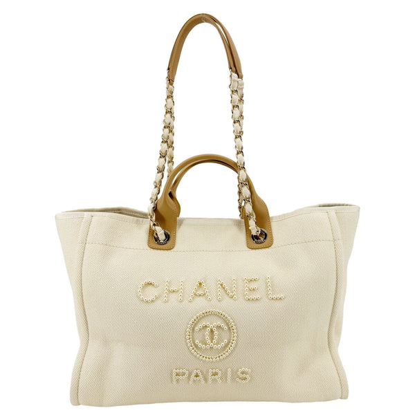 CHANEL Deauville Large Pearl Embellished Canvas Tote Bag Cream