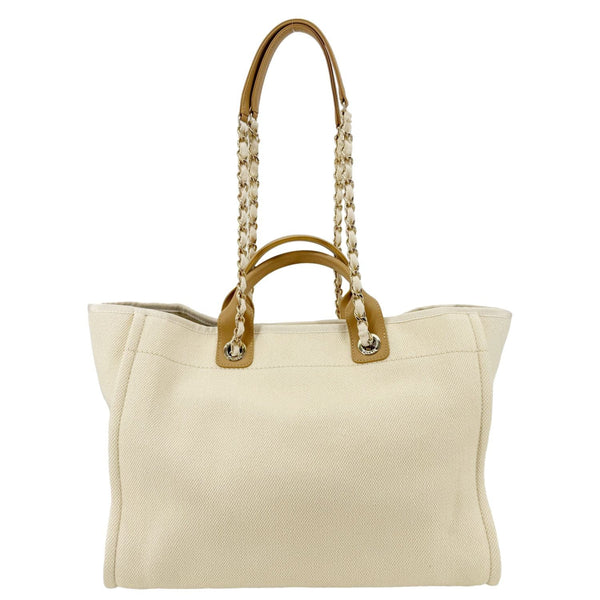 CHANEL Deauville Large Pearl Embellished Canvas Tote Bag Cream