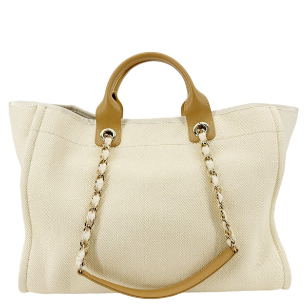 CHANEL Deauville Large Pearl Embellished Canvas Tote Bag Cream