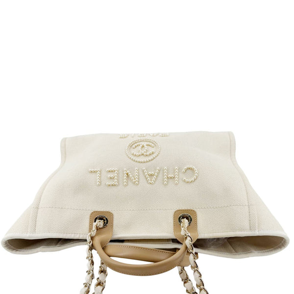 CHANEL Deauville Large Pearl Embellished Canvas Tote Bag Cream