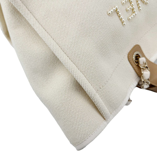 CHANEL Deauville Large Pearl Embellished Canvas Tote Bag Cream