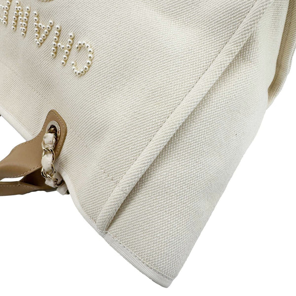 CHANEL Deauville Large Pearl Embellished Canvas Tote Bag Cream