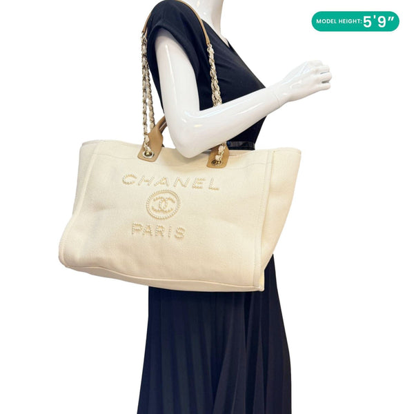 Chanel Deauville Large Pearl Canvas Cream Tote Bag