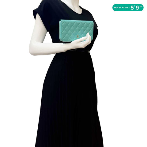 CHANEL Zip Around Quilted Caviar Leather Wallet Turquoise