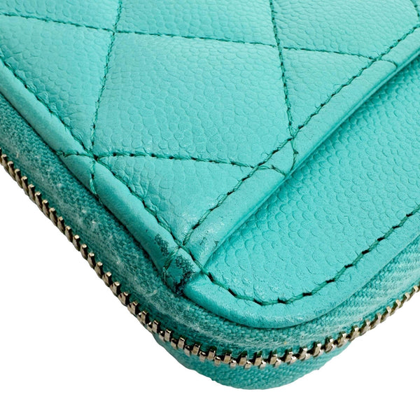 CHANEL Zip Around Quilted Caviar Leather Wallet Turquoise