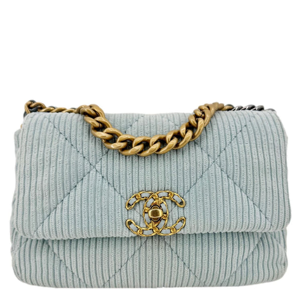 CHANEL 19 Flap Medium Quilted Corduroy Shoulder Bag Light Blue