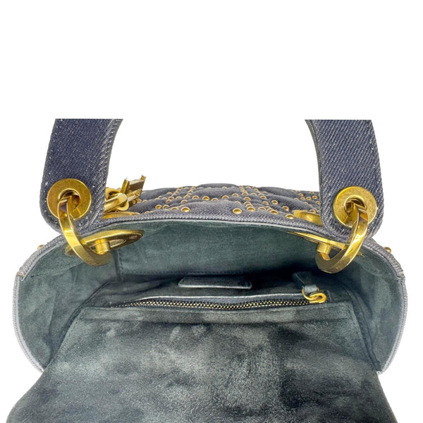 CHRISTIAN DIOR Lady Dior Mini Studded Supple Cannage Denim Crossbody Bag Navy Blue
