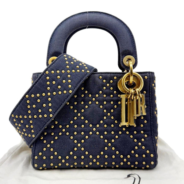 CHRISTIAN DIOR Lady Dior Mini Studded Supple Cannage Denim Crossbody Bag Navy Blue