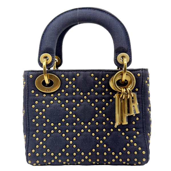 CHRISTIAN DIOR Lady Dior Mini Studded Supple Cannage Denim Crossbody Bag Navy Blue