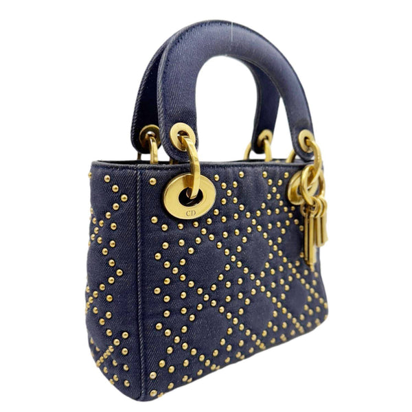 CHRISTIAN DIOR Lady Dior Mini Studded Supple Cannage Denim Crossbody Bag Navy Blue