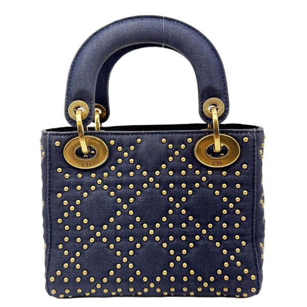CHRISTIAN DIOR Lady Dior Mini Studded Supple Cannage Denim Crossbody Bag Navy Blue