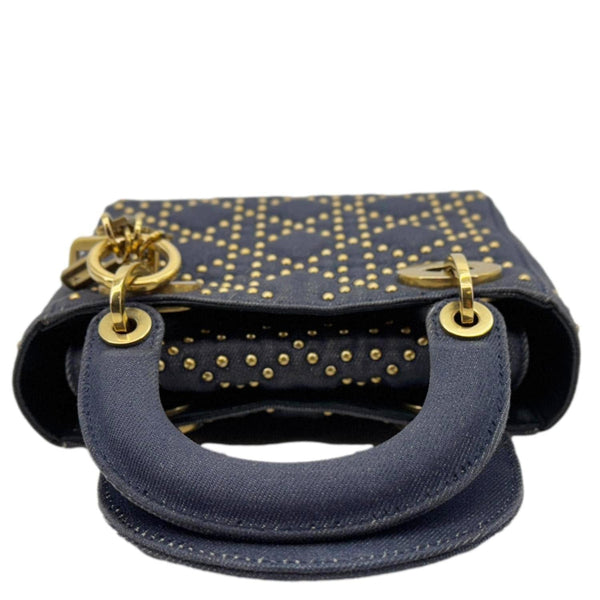 CHRISTIAN DIOR Lady Dior Mini Studded Supple Cannage Denim Crossbody Bag Navy Blue