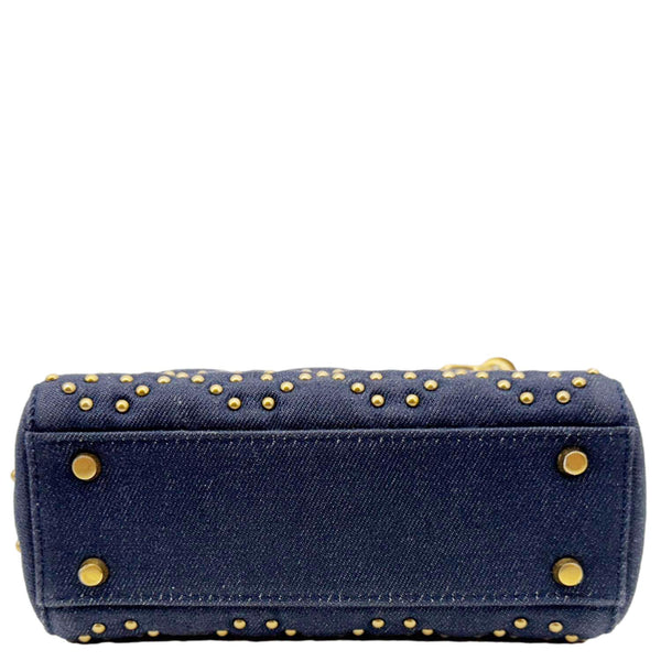 CHRISTIAN DIOR Lady Dior Mini Studded Supple Cannage Denim Crossbody Bag Navy Blue