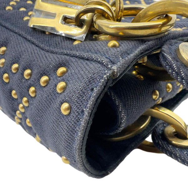 CHRISTIAN DIOR Lady Dior Mini Studded Supple Cannage Denim Crossbody Bag Navy Blue