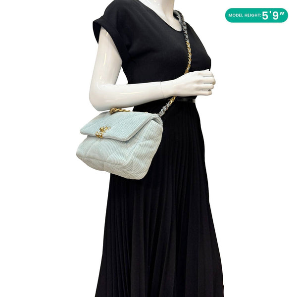 CHANEL 19 Flap Medium Quilted Corduroy Shoulder Bag Light Blue