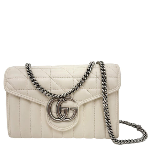 GUCCI Aria Marmont GG Calfskin Matelasse Leather Chain Wallet Mystic White 474575