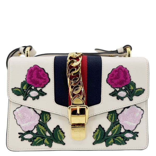 GUCCI Sylvie Small Floral Embroidery Leather Shoulder Bag Off White 421882