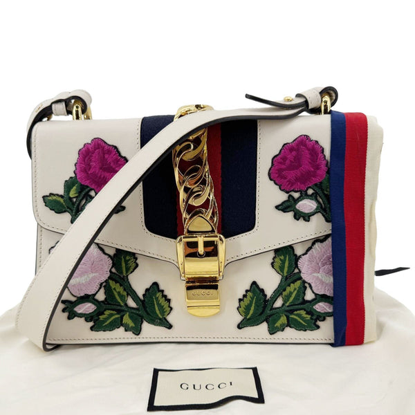GUCCI Sylvie Small Floral Embroidery Leather Shoulder Bag Off White 421882
