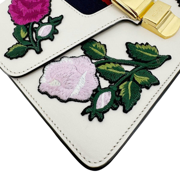 GUCCI Sylvie Small Floral Embroidery Leather Shoulder Bag Off White 421882
